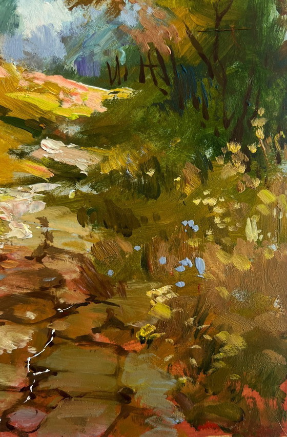 Image 1 of Original Oil Painting Autumn House Landscape Autumn golden path