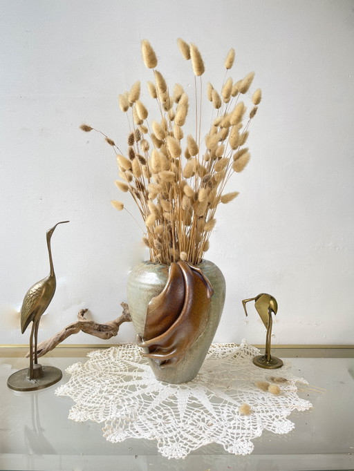Vase Vintage en Grès avec Glaçure Effet Drapé