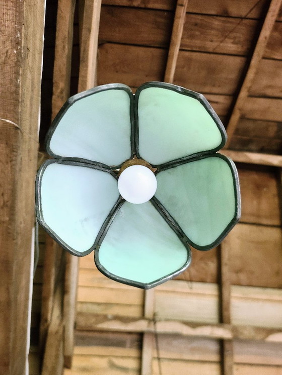 Image 1 of Lampada a sospensione floreale blu/verde in pâte de verre art nouveau