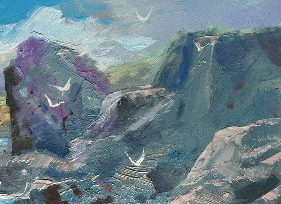 Image 1 of Originales Ölgemälde: Küstenlandschaft mit Möwen und felsigem Ufer im Meer
