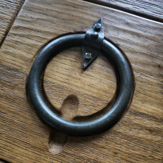 Image 1 of 1950/60 brutalist Massief Eikenhouten handgesmede ijzeren salontafel 