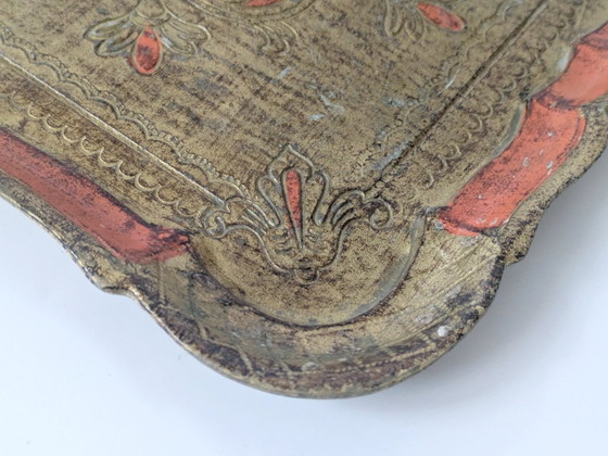 Image 1 of Vintage Florentine Gilt Wood Tray | Hand-Painted Orange & Gold | Midcentury Italian Baroque Decor
