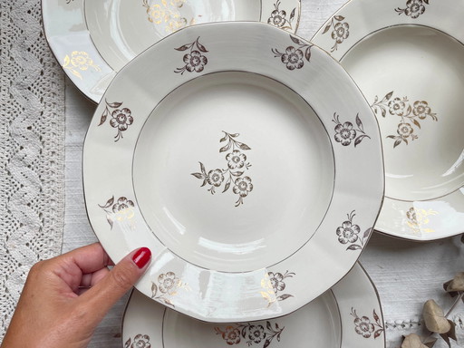 6 Vintage Digoin Sarreguemines Porzellan tiefe Teller, Modell Raphael, vergoldetes Blumenmotiv