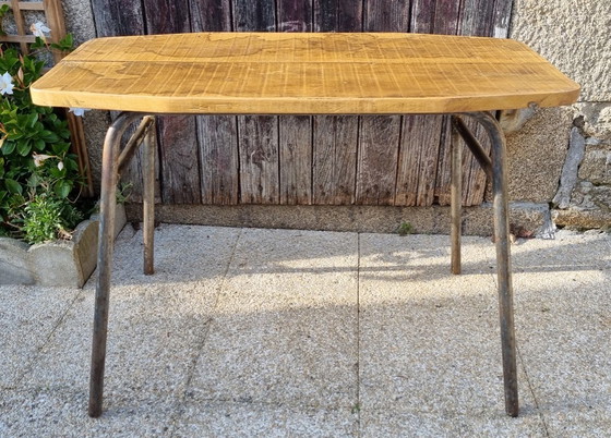 Image 1 of Kleine werkplaatstafel, onbewerkt hout, metaal, vintage, jaren 1950-1960