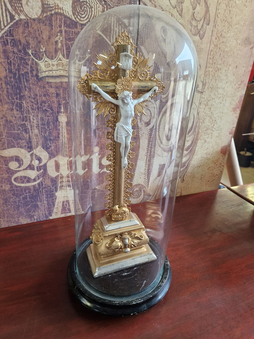 Antique bell jar with crucifix 50x20