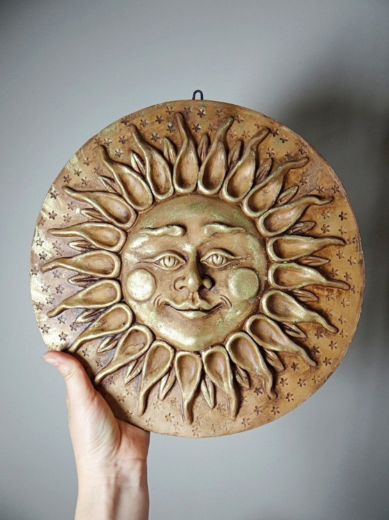 Image 1 of Grande scultura murale antropomorfa a forma di sole in terracotta patinata, artigianato italiano vintage