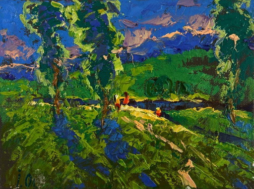 Origineel olieverfschilderij: Avondlandschap in de natuur, zomervakantie en veldpaden.
