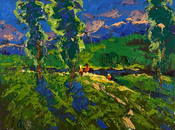 Image 1 of Original Oil Painting Evening Nature Landscape Summer vacation and field paths