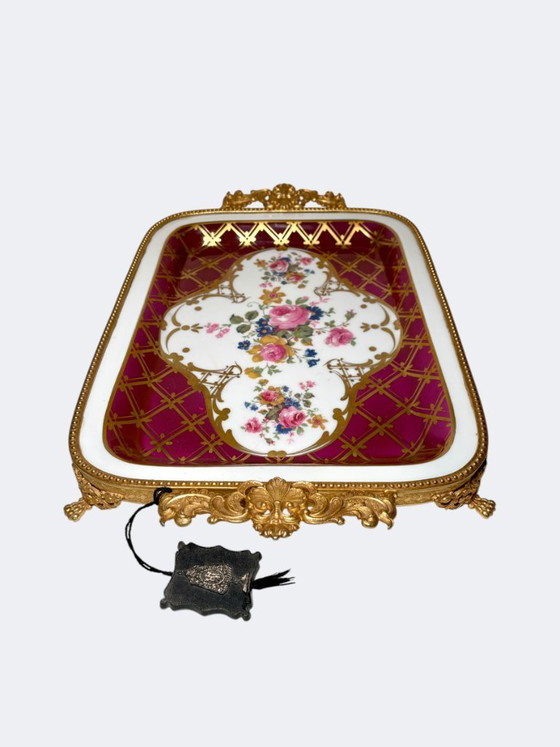 Image 1 of French Limoges Porcelain and Gilt Bronze Perfume Tray - Vintage Floral Vide Poche Handpainted Orleans Decor 