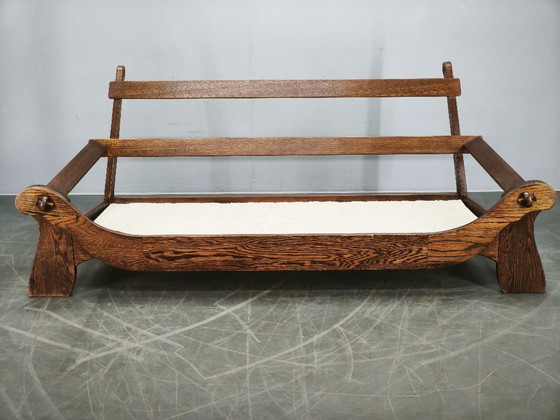 Image 1 of Brutalist Solid Oak and Bouclé Three-Seat Sofa, Czechoslovakia 1970s