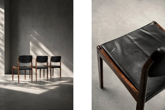 Image 1 of Vintage Mid-Century Scandinavian Modern Rosewood & Black Leather Chairs by H.W. Klein for Bramin, 1960s, Set of 3