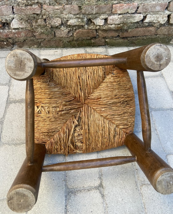Image 1 of Exceptional Pair of French Brutalist Chairs in the Manner of Charles Dudouyt, 1940s – Sculptural Solid Wood & Straw Seats