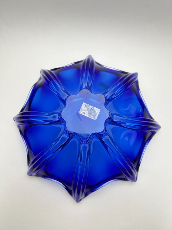 Image 1 of Egermann crystal glass bowl, blue, Bohemian, Czech, pointed bowl, mid-century