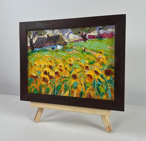 Original Oil Painting Flowers Village Landscape Fragrant summer in the field