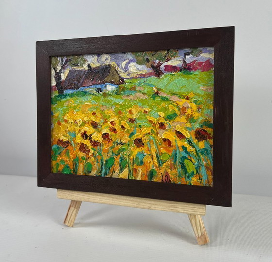 Image 1 of Original Oil Painting Flowers Village Landscape Fragrant summer in the field