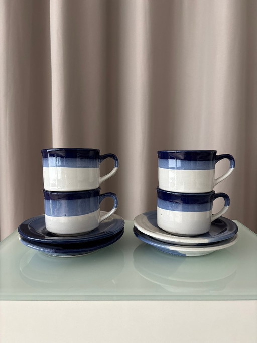 Set of 4 Vintage Studio Pottery Cups & Saucers – Hand Glazed Blue & White