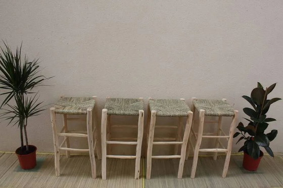 4 Tabourets marocains faits à la main 60x30cm – Tabourets de bar, Cuir, Bois, Bohemian (photo 6 of 8)