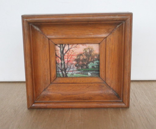 Pintura Miniatura Vintage (1956) – Paisaje fluvial con cisne – De Clippel, Den Haag