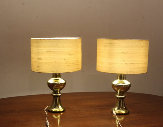 Image 1 of Set of two luxury Uno & Osten gold table lamps with silk shades, Sweden 1970