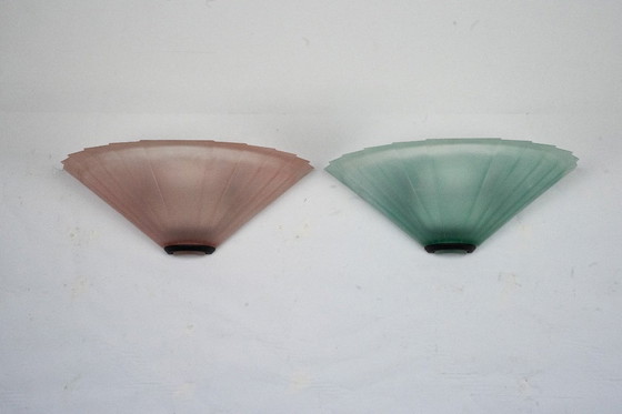 Image 1 of Pair of De Majo sconces in thick pink and green murano glass. Italy 1980s