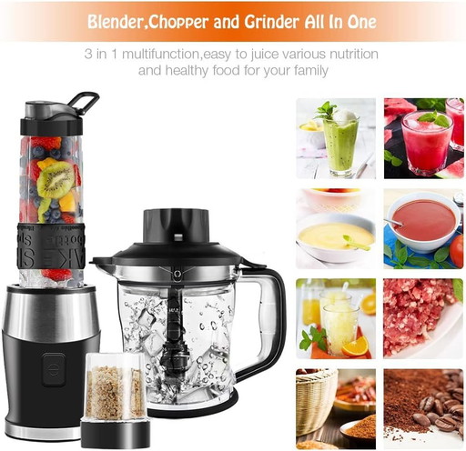 Blender Mixeur 3-en-1, 700W Blender Smoothie 24000 tours/min, avec pot de 1,2 L/bouteille de sport de 570 ml/tasse de broyage de