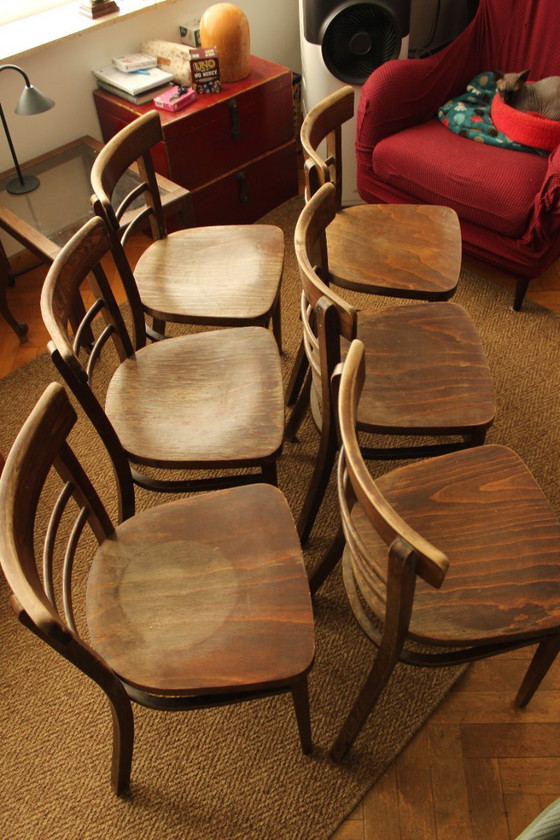 Set van 6 Vintage Houten Bistrotstoelen – Mooie Patina – Eetkamerstoelen, Wood (photo 4 of 5)