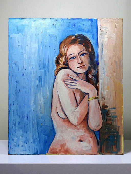 Painting nude portrait of woman against a wall, modern vintage oil on panel