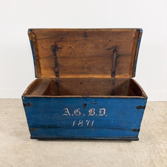 Baule antico dipinto di blu del 1871, Armadi contenitori, Legno, Metallo, Vintage (foto 8 di 15)