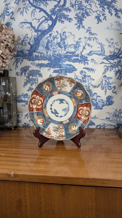 Signed Imari porcelain plate with Japanese lake décor of deer late 19th century