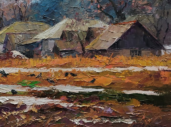 Original Oil Painting Rural Landscape The First Snow Fell In The Village – Paintings & Drawings, Canvas (photo 7 of 7)