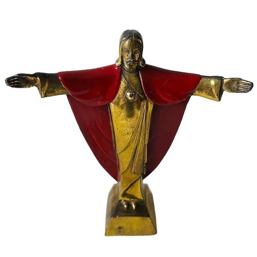 Vintage Jesus statue, brass enamel, red, 15 cm, 1950s
