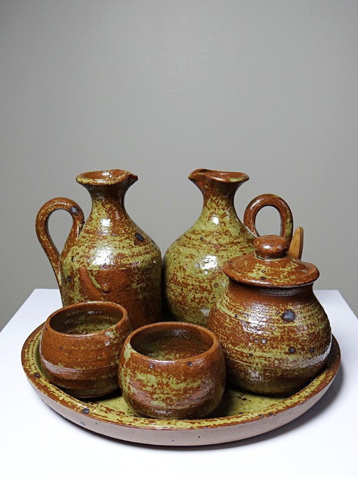 Service à condiments vintage grès pyrité émaillé artisanal style Baudat La Borne