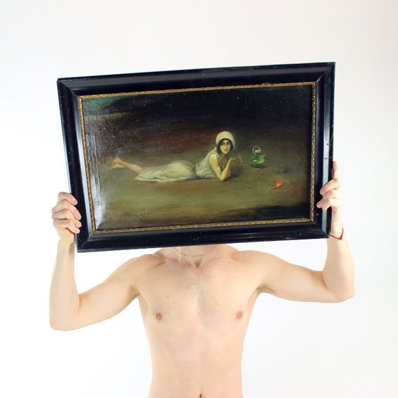 Image 1 of Vintage Oil Painting Of Gypsy From Zamutov, Czechoslovakia 1940s