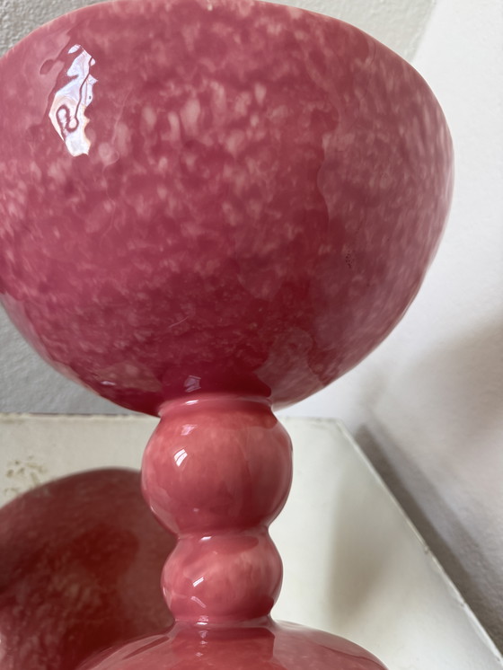 Image 1 of Grande coupe sur pied faïence Digoin rose