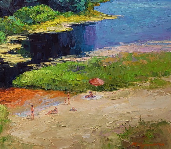 Image 1 of Pintura al óleo original: Paisaje natural, relax veraniego en la playa del río.