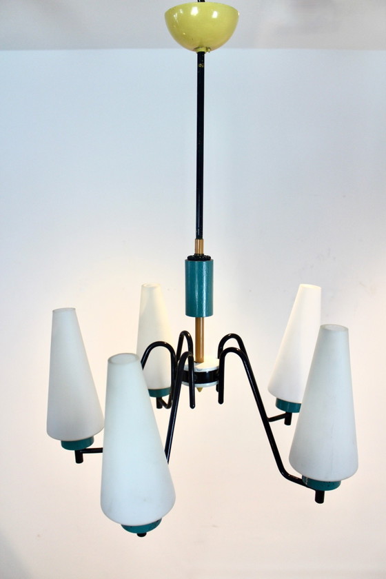 Lampada a sospensione olandese in acciaio, legno e vetro opalino, Lampadari, polished steel (foto 10 di 10)