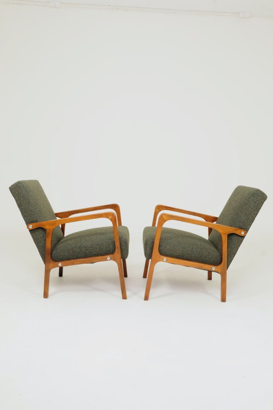 Image 1 of Vintage Pair Armchair Avocado Green Tweed Upholstery, 1960, Poland
