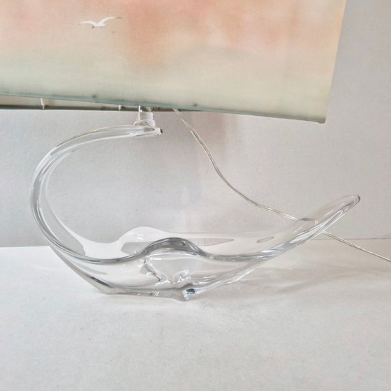 Image 1 of Vintage tafellamp uit de jaren 70 met kristallen kom, reiger en lampenkap.