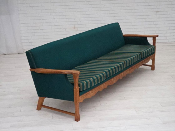 Image 1 of 1970s, Danish 4-seater sofa, furniture wool, solid oak wood.