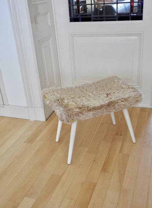 Vintage Stool With Teddy Fur - Dressing Table or Footstool