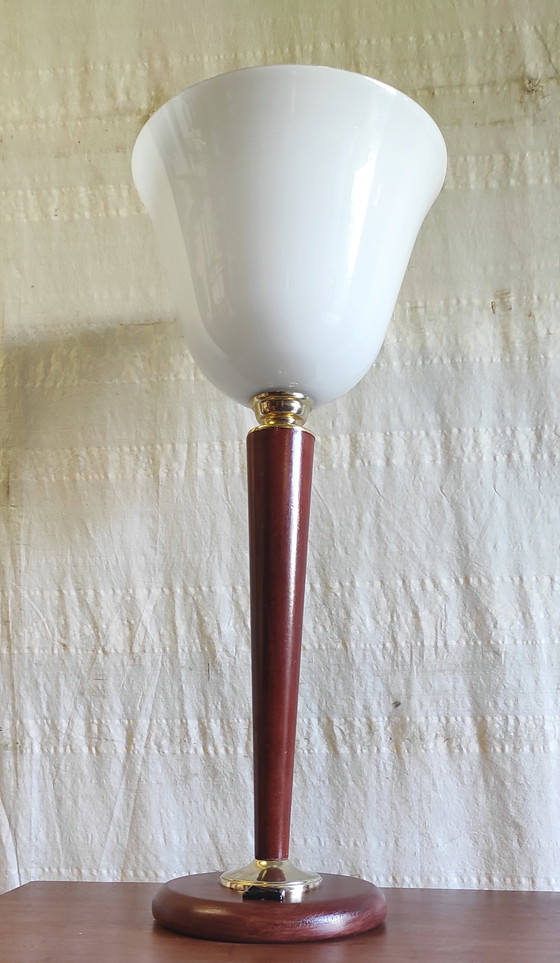 Image 1 of Mazda-style table lamp in wood and opaline glass - mid-20th century