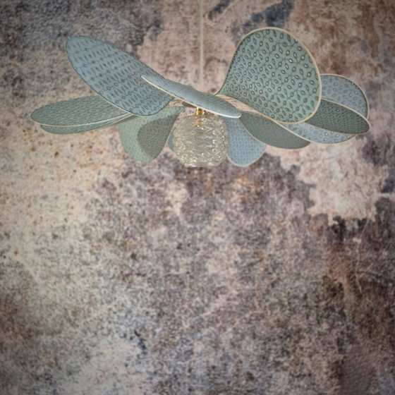 Image 1 of 12-blade hanging lamp in rattan and sage embroidery with vintage chased glass globe