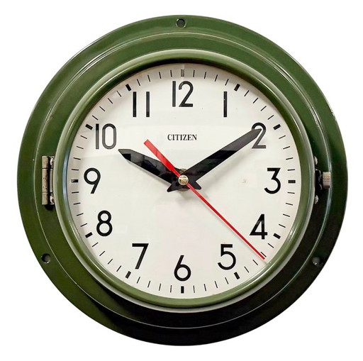 Horloge murale vintage Citizen verte représentant des navires, années 1980 – klokken, Glass, Iron