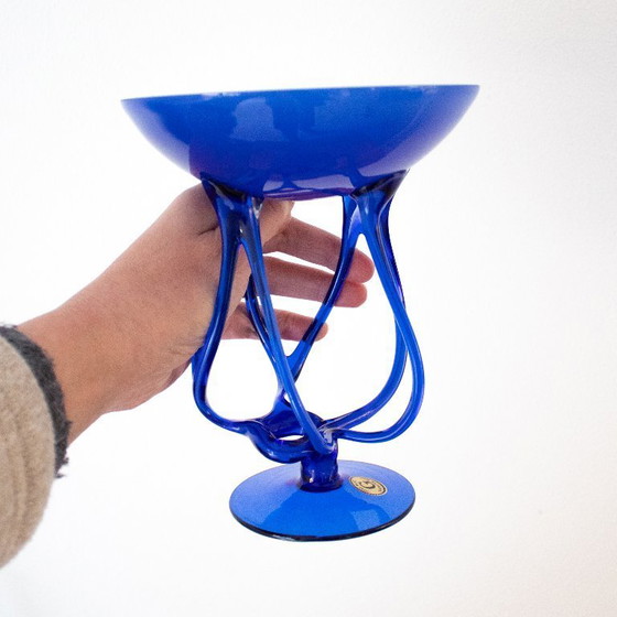 Image 1 of Cobalt blue glass vase in the shape of a jellyfish: hand-blown Polish glass, Josefina Krosno style