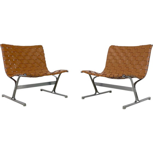 Coppia di poltrone vintage in pelle color cognac di Ross Littell per ICF, Italia 1970