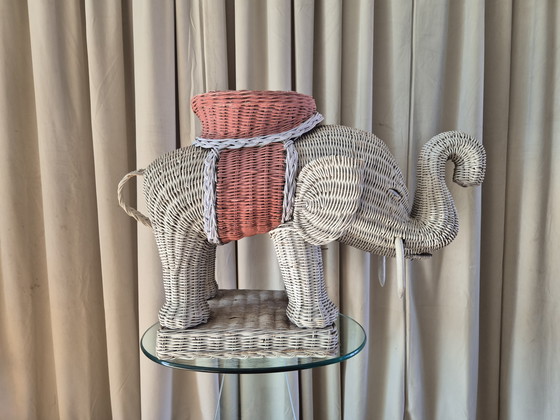 Image 1 of Vintage white and pink wicker elephant