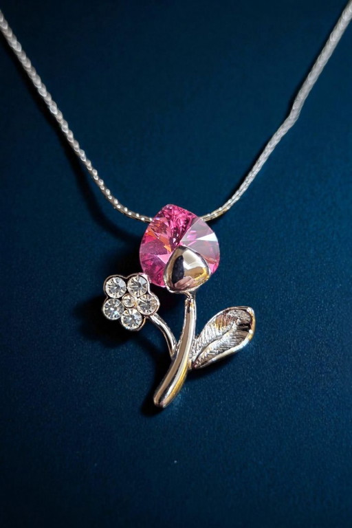 Rhinestone crystal pink tulip 18kt white gold plated pendant with chain