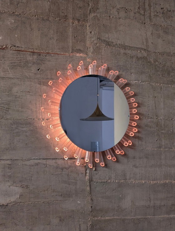 Image 1 of Mid-Century Modern Sunburst Mirror Wall Lamp in Lucite with Pink Glow, 1970s