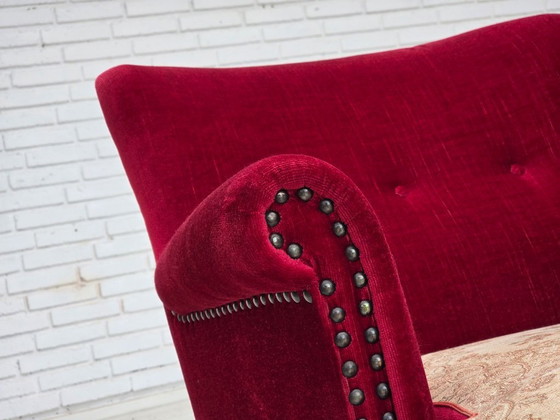 Image 1 of 1970s, Danish armchair, red furniture velour, ash wood.