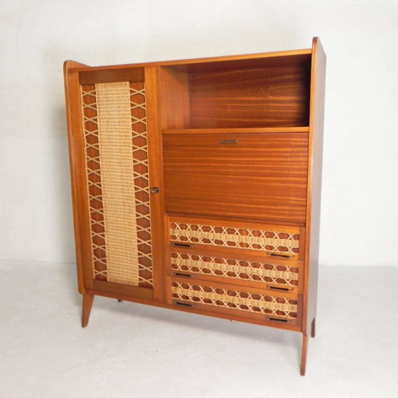 Image 1 of Mobiletto vintage, scrittoio in rattan e legno, anni '60